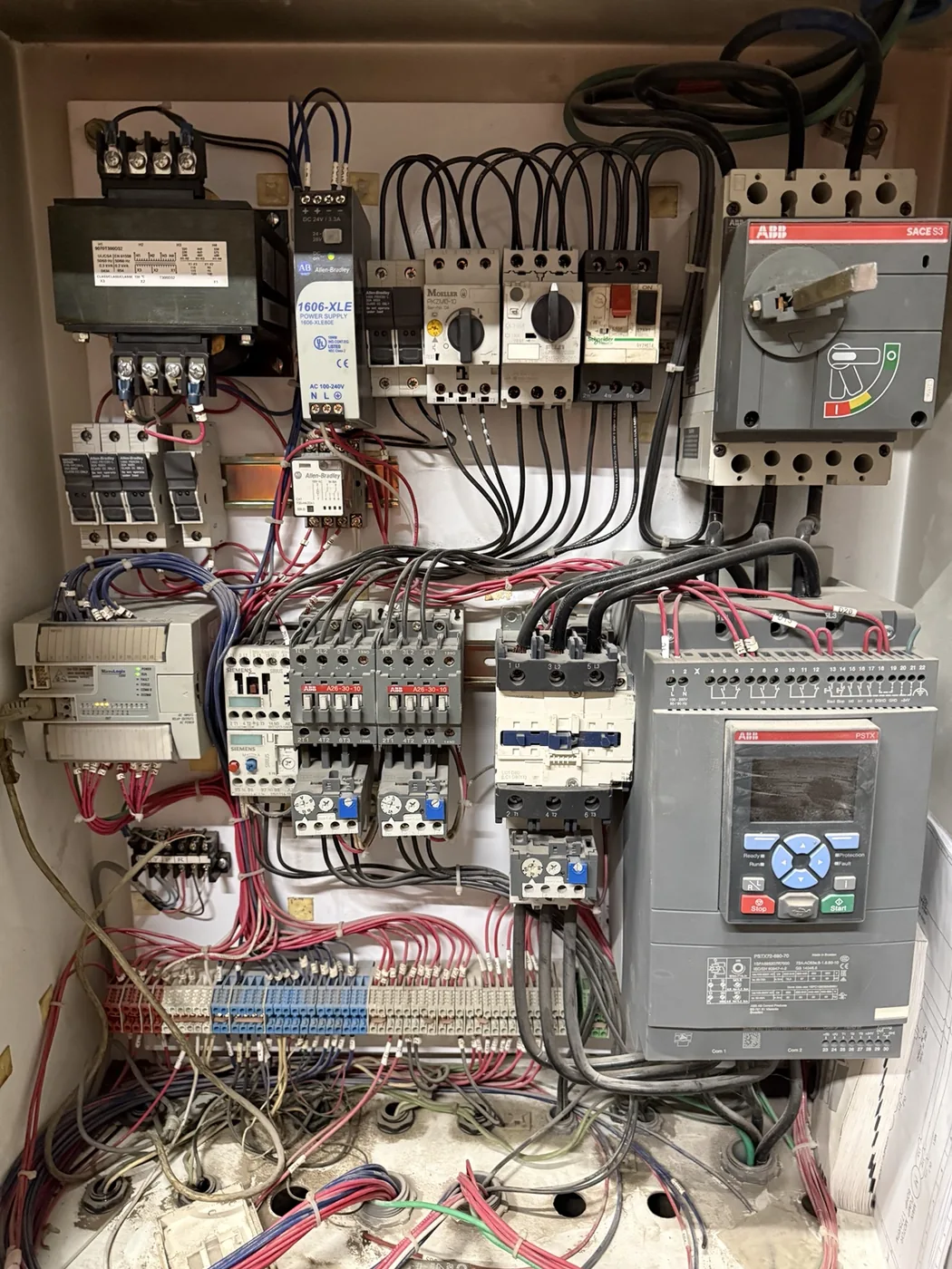 Industrial control panel with soft starter and motor controls